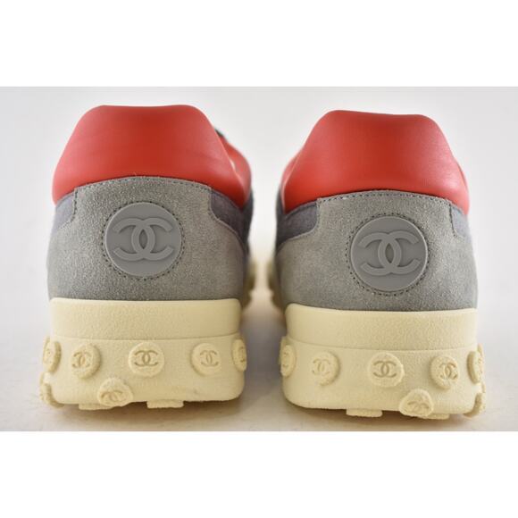 Chanel Mens 18K Grey Orange Nylon CC Logo Lace Up Low Top Trainer Sneaker 44 11 - Picture 13 of 14